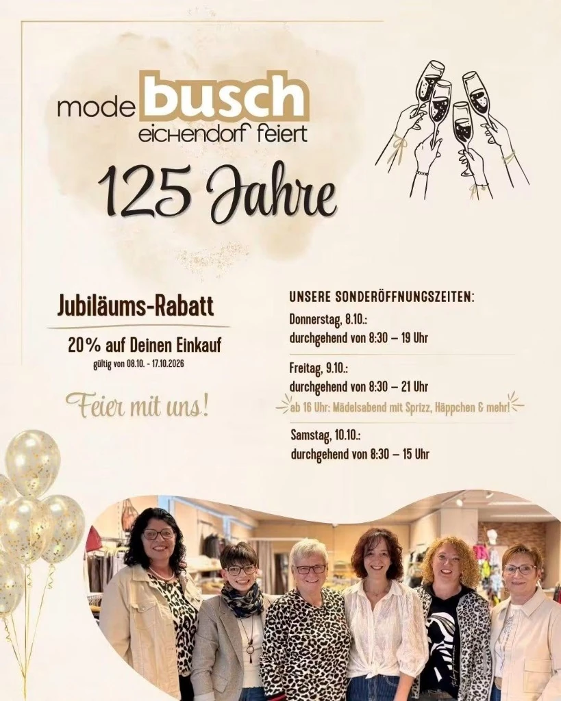 Mode Busch Eichendorf feiert 125 Jahre - Jubilaeums-Rabatt und Sonderoeffnungszeiten
